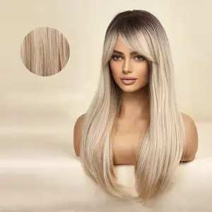 PERUKA DAMSKA DŁUGIE BLOND OMBRE WŁOSY PROSTE Z GRZYWKĄ SYNTETYCZNE 63 cm