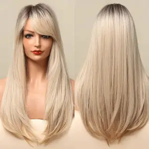 PERUKA DAMSKA DŁUGIE BLOND OMBRE WŁOSY PROSTE Z GRZYWKĄ SYNTETYCZNE 63 cm