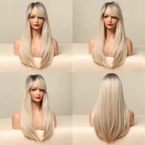 PERUKA DAMSKA DŁUGIE BLOND OMBRE WŁOSY PROSTE Z GRZYWKĄ SYNTETYCZNE 63 cm