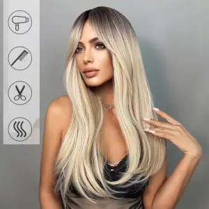 PERUKA DAMSKA DŁUGIE BLOND OMBRE WŁOSY PROSTE Z GRZYWKĄ SYNTETYCZNE 63 cm