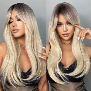 PERUKA DAMSKA DŁUGIE BLOND OMBRE WŁOSY PROSTE Z GRZYWKĄ SYNTETYCZNE 63 cm
