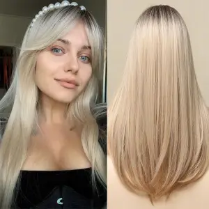PERUKA DAMSKA DŁUGIE BLOND OMBRE WŁOSY PROSTE Z GRZYWKĄ SYNTETYCZNE 63 cm
