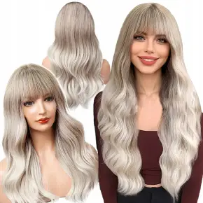 PERUKA DAMSKA DŁUGIE SZARE WŁOSY FALE Z GRZYWKĄ SYNTETYCZNE 67 cm COSPLAY