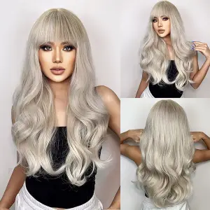 PERUKA DAMSKA DŁUGIE SZARE WŁOSY FALE Z GRZYWKĄ SYNTETYCZNE 67 cm COSPLAY