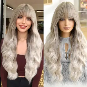 PERUKA DAMSKA DŁUGIE SZARE WŁOSY FALE Z GRZYWKĄ SYNTETYCZNE 67 cm COSPLAY