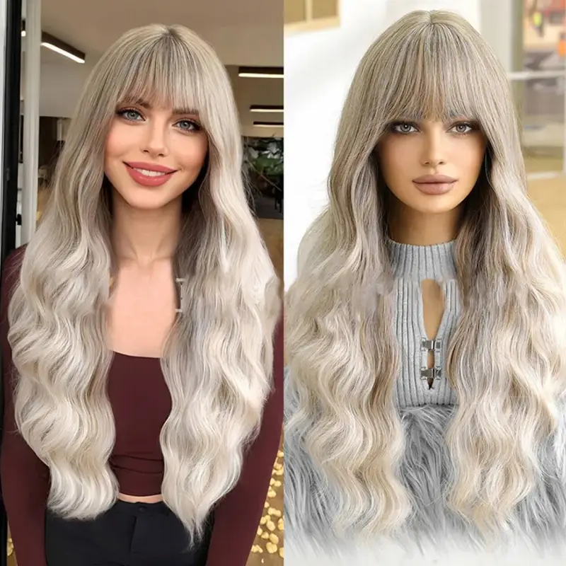 PERUKA DAMSKA DŁUGIE SZARE WŁOSY FALE Z GRZYWKĄ SYNTETYCZNE 67 cm COSPLAY
