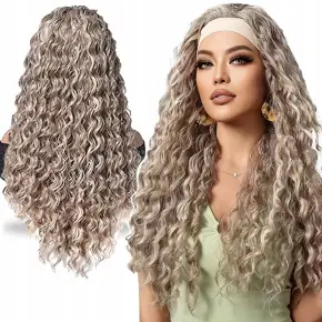 PERUKA DAMSKA DŁUGIE SZARE WŁOSY KRĘCONE Z OPASKĄ SYNTETYCZNE 65 cm COSPLAY