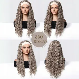 PERUKA DAMSKA DŁUGIE SZARE WŁOSY KRĘCONE Z OPASKĄ SYNTETYCZNE 65 cm COSPLAY