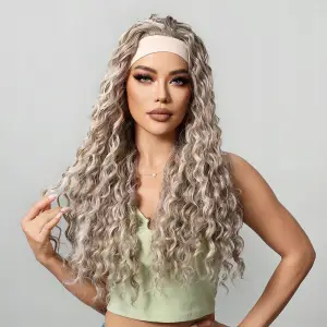 PERUKA DAMSKA DŁUGIE SZARE WŁOSY KRĘCONE Z OPASKĄ SYNTETYCZNE 65 cm COSPLAY