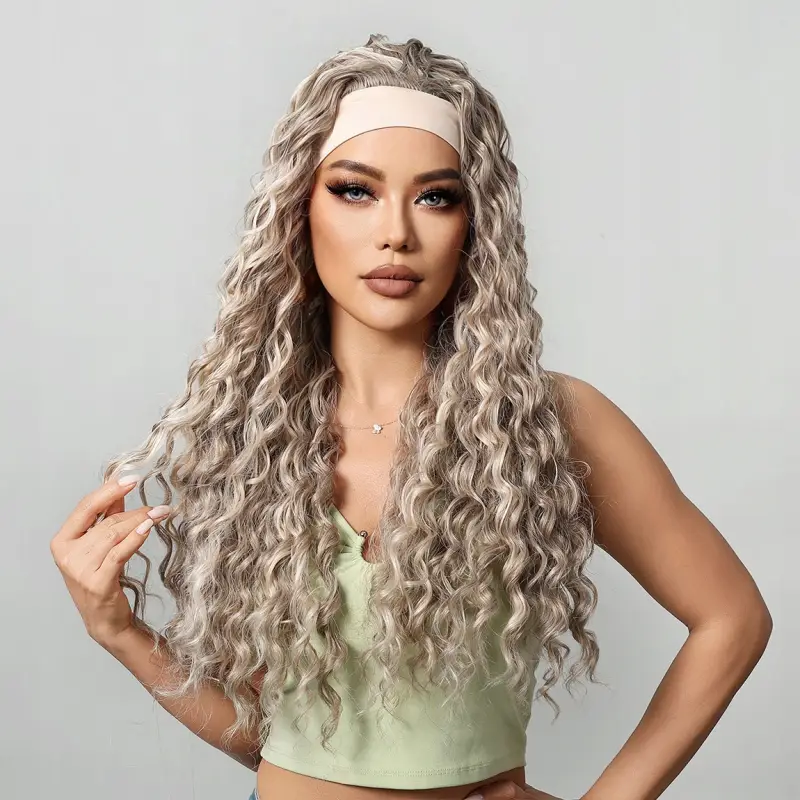 PERUKA DAMSKA DŁUGIE SZARE WŁOSY KRĘCONE Z OPASKĄ SYNTETYCZNE 65 cm COSPLAY