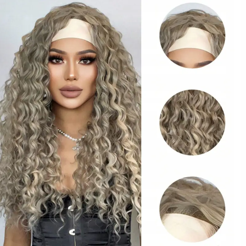PERUKA DAMSKA DŁUGIE SZARE WŁOSY KRĘCONE Z OPASKĄ SYNTETYCZNE 65 cm COSPLAY