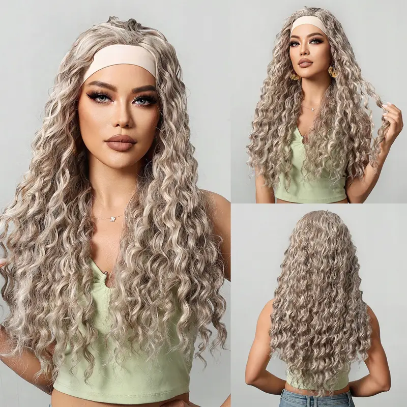 PERUKA DAMSKA DŁUGIE SZARE WŁOSY KRĘCONE Z OPASKĄ SYNTETYCZNE 65 cm COSPLAY