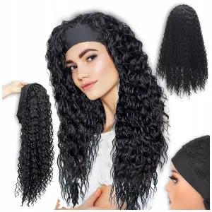 PERUKA DAMSKA DŁUGIE CZARNE WŁOSY KRĘCONE Z OPASKĄ SYNTETYCZNE 65cm COSPLAY