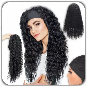 PERUKA DAMSKA DŁUGIE CZARNE WŁOSY KRĘCONE Z OPASKĄ SYNTETYCZNE 65cm COSPLAY