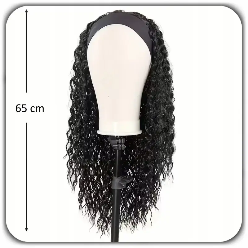 PERUKA DAMSKA DŁUGIE CZARNE WŁOSY KRĘCONE Z OPASKĄ SYNTETYCZNE 65cm COSPLAY