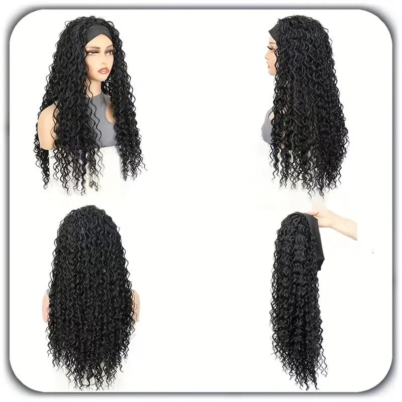 PERUKA DAMSKA DŁUGIE CZARNE WŁOSY KRĘCONE Z OPASKĄ SYNTETYCZNE 65cm COSPLAY