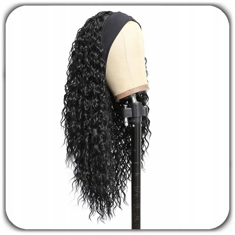 PERUKA DAMSKA DŁUGIE CZARNE WŁOSY KRĘCONE Z OPASKĄ SYNTETYCZNE 65cm COSPLAY