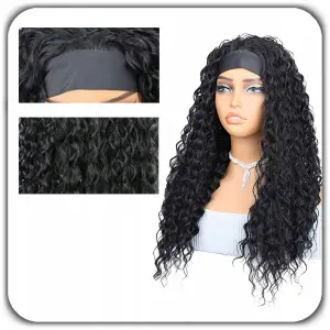 PERUKA DAMSKA DŁUGIE CZARNE WŁOSY KRĘCONE Z OPASKĄ SYNTETYCZNE 65cm COSPLAY