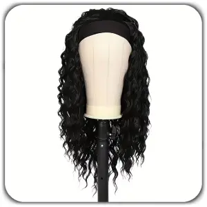 PERUKA DAMSKA DŁUGIE CZARNE WŁOSY KRĘCONE Z OPASKĄ SYNTETYCZNE 65cm COSPLAY