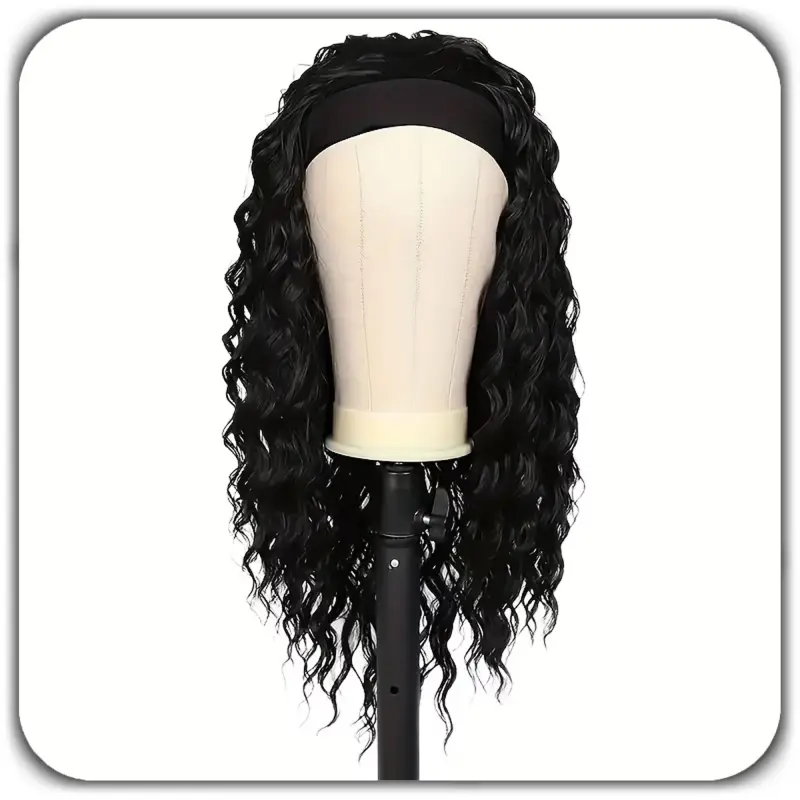 PERUKA DAMSKA DŁUGIE CZARNE WŁOSY KRĘCONE Z OPASKĄ SYNTETYCZNE 65cm COSPLAY