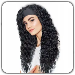 PERUKA DAMSKA DŁUGIE CZARNE WŁOSY KRĘCONE Z OPASKĄ SYNTETYCZNE 65cm COSPLAY