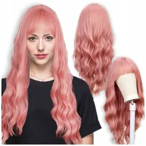 PERUKA DAMSKA DŁUGIE R&Oacute;ŻOWE WŁOSY FALE Z GRZYWKĄ SYNTETYCZNE 70 cm COSPLAY