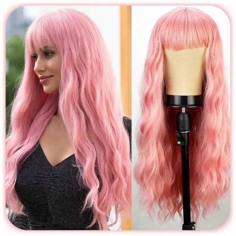 PERUKA DAMSKA DŁUGIE RÓŻOWE WŁOSY FALE Z GRZYWKĄ SYNTETYCZNE 70 cm COSPLAY