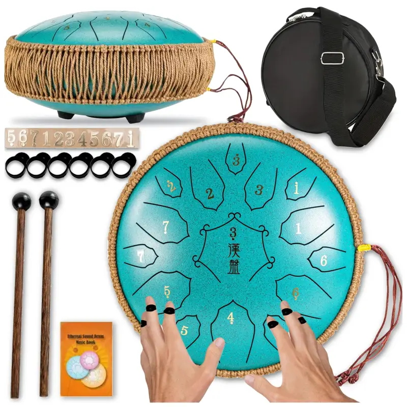 BĘBEN JĘZYKOWY HANDPAN MUZYCZNY STALOWY MORSKI 30CM 15 TONÓW + AKCESORIA