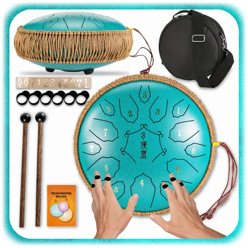 BĘBEN JĘZYKOWY HANDPAN MUZYCZNY STALOWY MORSKI 30CM 15 TONÓW + AKCESORIA