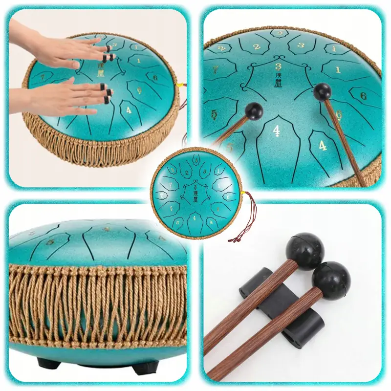 BĘBEN JĘZYKOWY HANDPAN MUZYCZNY STALOWY MORSKI 30CM 15 TONÓW + AKCESORIA