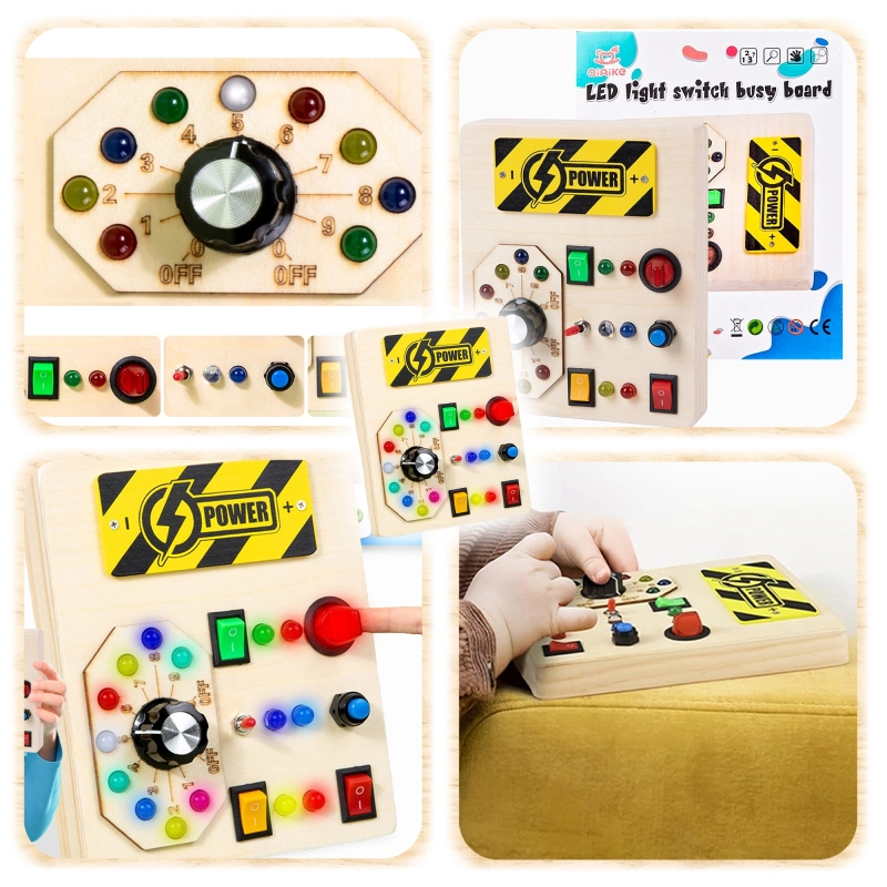 TABLICA SENSORYCZNA MANIPULACYJNA MONTESSORI DREWNIANA PRZEŁĄCZNIKI LED