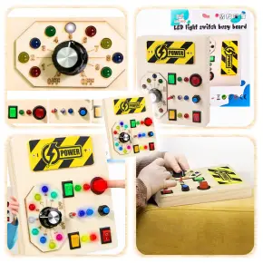 TABLICA SENSORYCZNA MANIPULACYJNA MONTESSORI DREWNIANA PRZEŁĄCZNIKI LED