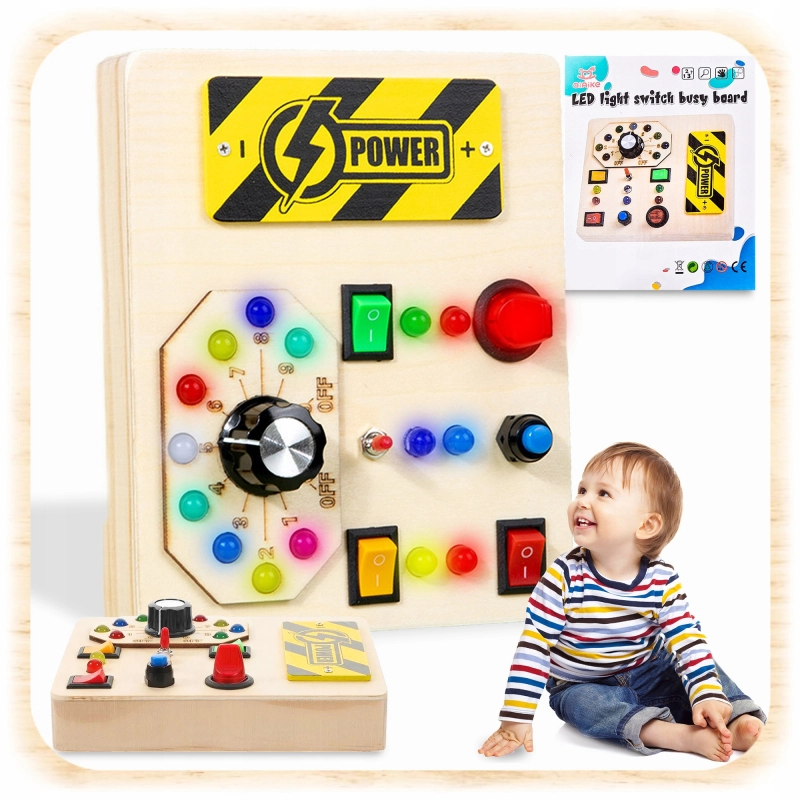 TABLICA SENSORYCZNA MANIPULACYJNA MONTESSORI DREWNIANA PRZEŁĄCZNIKI LED