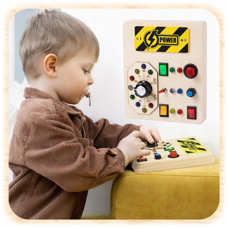 TABLICA SENSORYCZNA MANIPULACYJNA MONTESSORI DREWNIANA PRZEŁĄCZNIKI LED