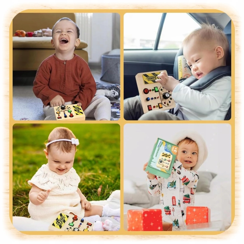TABLICA SENSORYCZNA MANIPULACYJNA MONTESSORI DREWNIANA PRZEŁĄCZNIKI LED