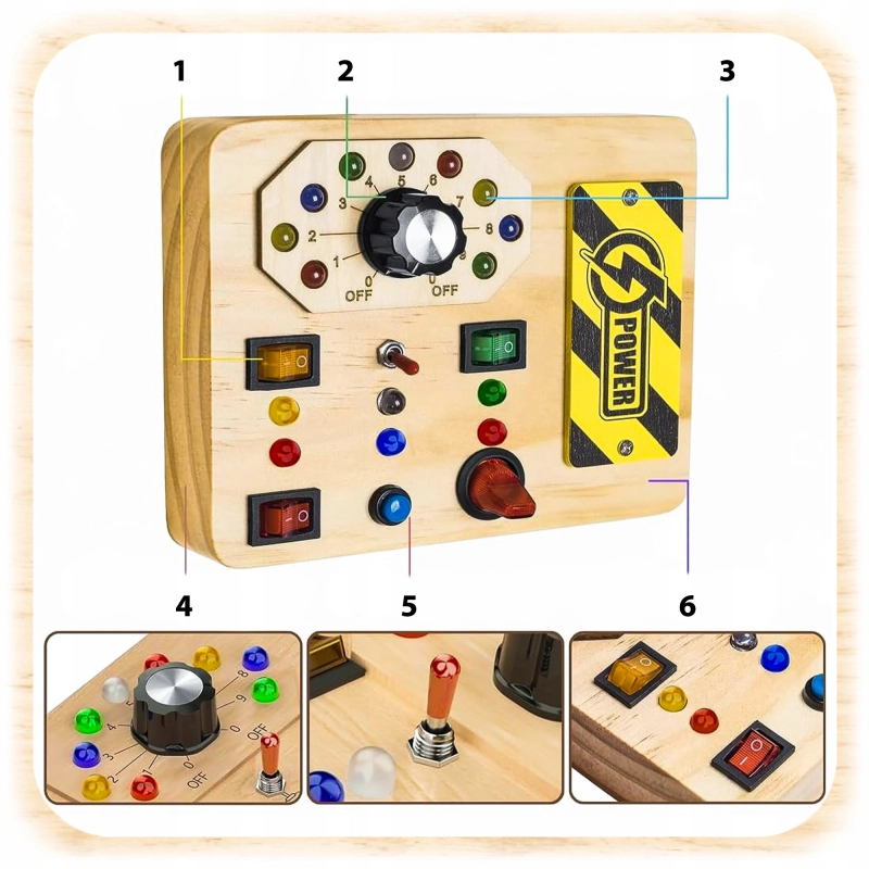 TABLICA SENSORYCZNA MANIPULACYJNA MONTESSORI DREWNIANA PRZEŁĄCZNIKI LED
