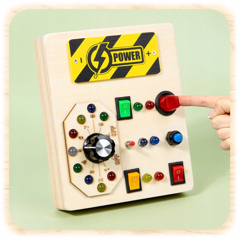 TABLICA SENSORYCZNA MANIPULACYJNA MONTESSORI DREWNIANA PRZEŁĄCZNIKI LED