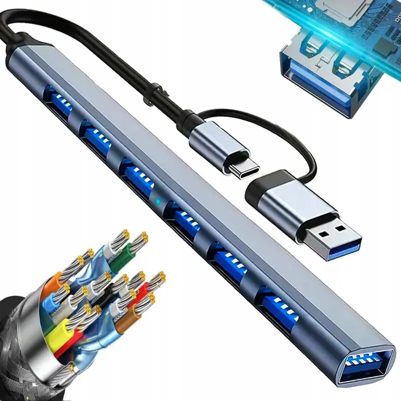 HUB adapter rozdzielacz USB 7 portów USB-C USB 3.0 /2.0 slim aluminiowy