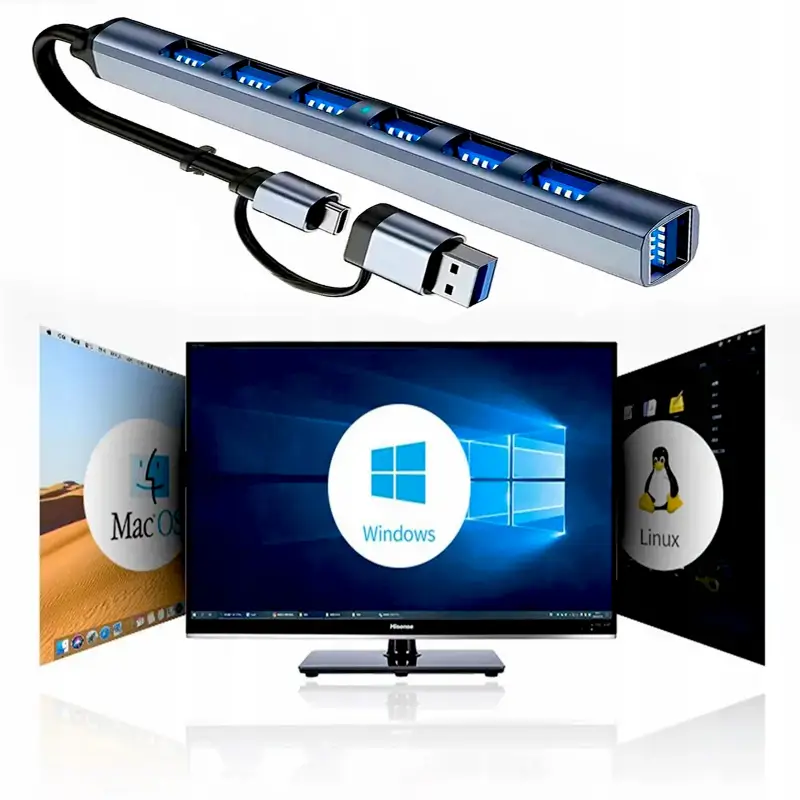 HUB adapter rozdzielacz USB 7 portów USB-C USB 3.0 /2.0 slim aluminiowy