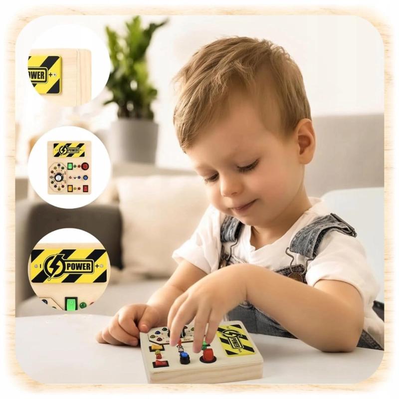 TABLICA SENSORYCZNA MANIPULACYJNA MONTESSORI DREWNIANA PRZEŁĄCZNIKI LED