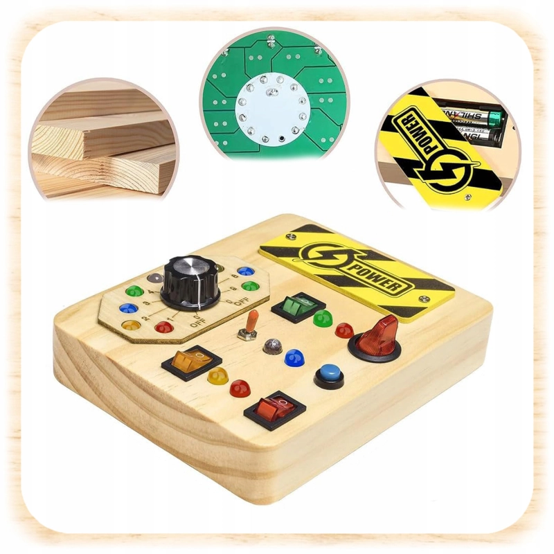 TABLICA SENSORYCZNA MANIPULACYJNA MONTESSORI DREWNIANA PRZEŁĄCZNIKI LED