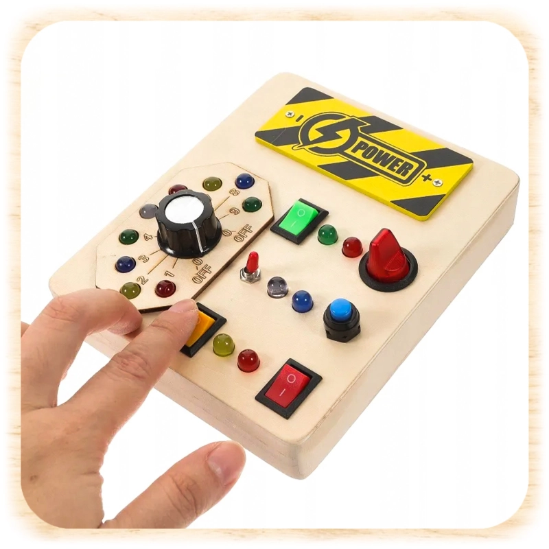 TABLICA SENSORYCZNA MANIPULACYJNA MONTESSORI DREWNIANA PRZEŁĄCZNIKI LED