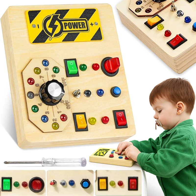 TABLICA SENSORYCZNA MANIPULACYJNA MONTESSORI DREWNIANA PRZEŁĄCZNIKI LED
