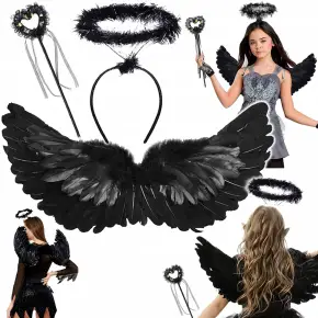 STRÓJ UPADŁY ANIOŁ NA DZIEŃ KOBIET KOSTIUM PRZEBRANIE SKRZYDŁA CZARNE PIÓRA