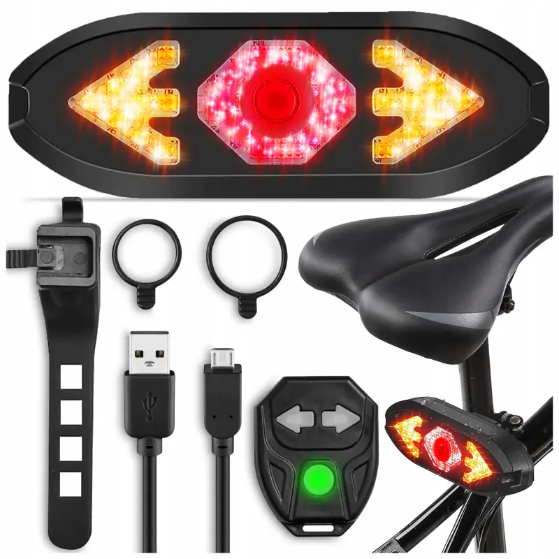 3w1 KIERUNKOWSKAZY ROWEROWE KLAKSON 120dB LAMPKA ROWEROWA TYŁ LED USB+PILOT