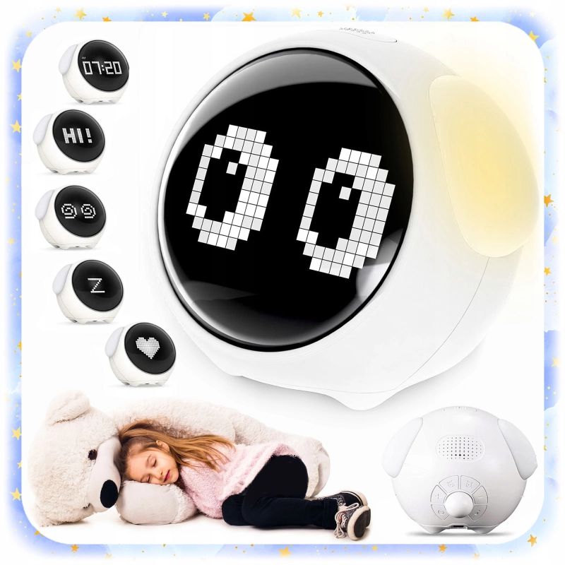 ZEGAR BUDZIK DLA DZIECI EMOJI LAMPKA NOCNA LED AKUMULATOR EMOTIKONY ALARM