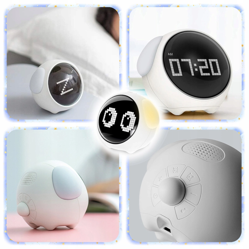 ZEGAR BUDZIK DLA DZIECI EMOJI LAMPKA NOCNA LED AKUMULATOR EMOTIKONY ALARM
