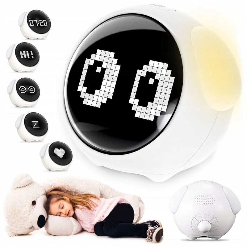 ZEGAR BUDZIK DLA DZIECI EMOJI LAMPKA NOCNA LED AKUMULATOR EMOTIKONY ALARM