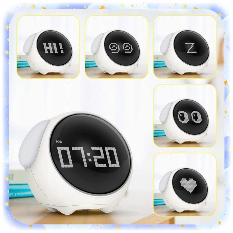 ZEGAR BUDZIK DLA DZIECI EMOJI LAMPKA NOCNA LED AKUMULATOR EMOTIKONY ALARM