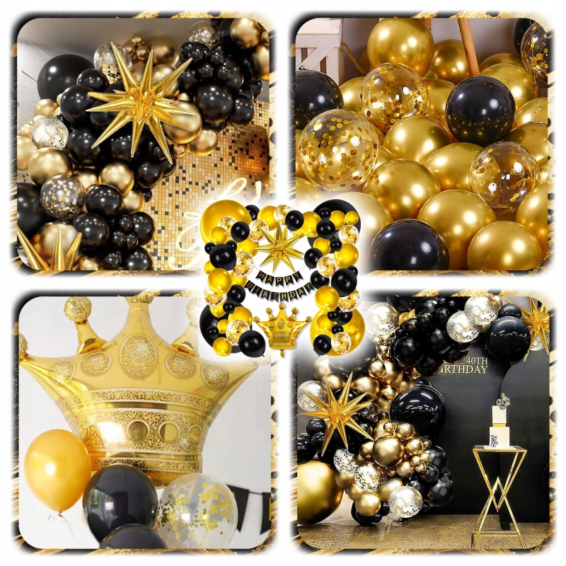 GIRLANDA BALONOWA BALONY URODZINY HAPPY BIRTHDAY ZŁOTY CZARNY ZESTAW 141EL